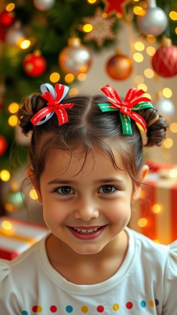 A young girl with twisted pigtails and festive ribbons, surrounded by Christmas decorations.